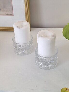 2 Vintage Crystal Pinwheel pillar Candle holders glass